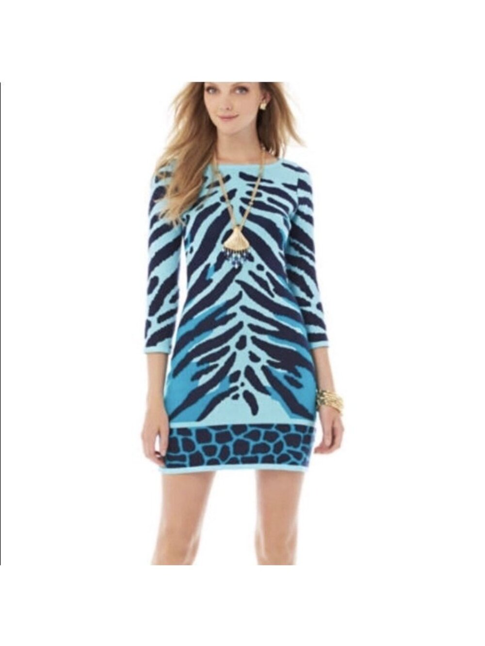 Lilly Pulitzer Polly Animal Print Sweater Dress Medium Shift Blue